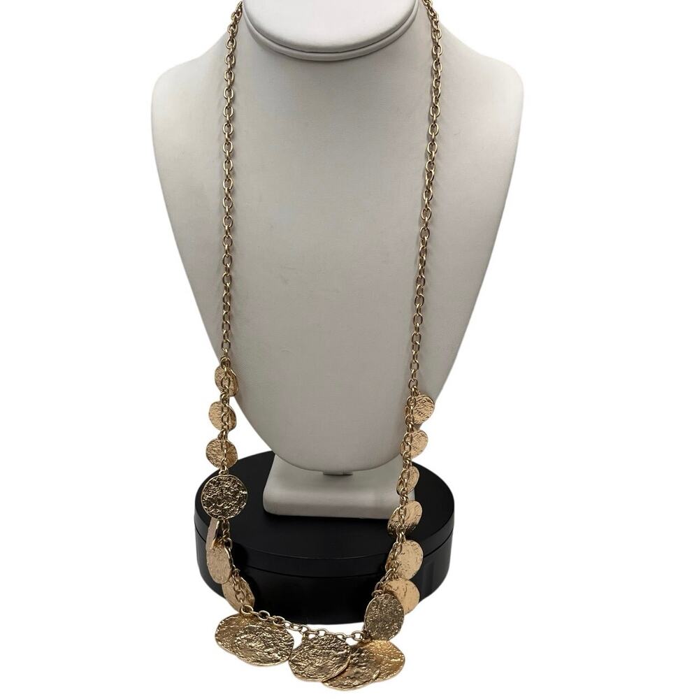 Banana Republic Signed Gold Tone Long Textured Coin Dangle‎ Long Toggle Necklace